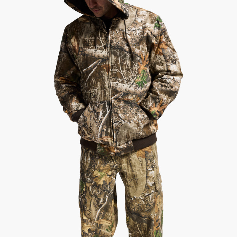 Camouflage hunting suit on a white background
