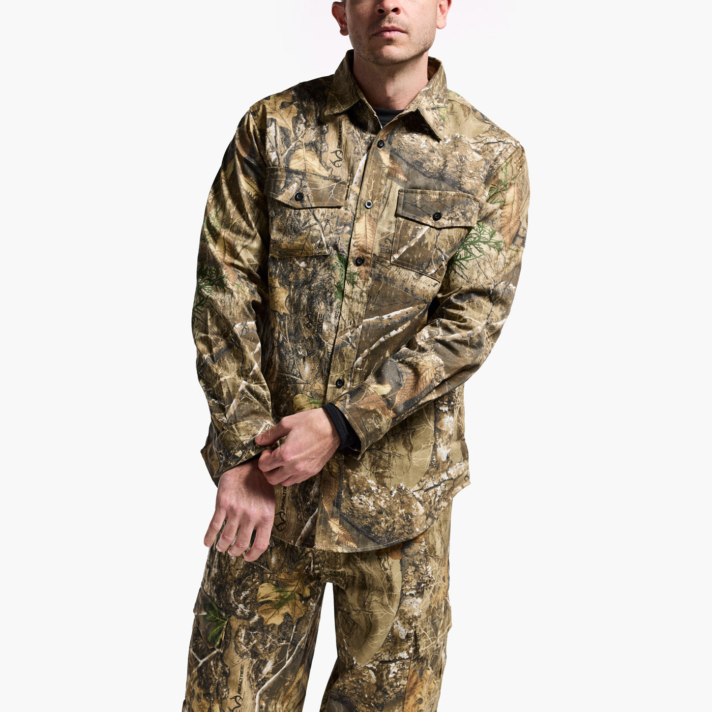 Person wearing a camouflage jacket and pants on a white background