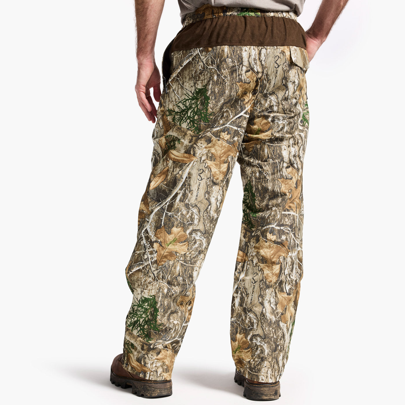 Camouflage pants worn by a person on a white background