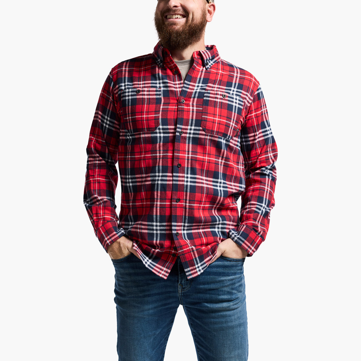 Man wearing a red and black plaid shirt with a white background